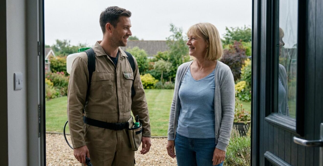 Technicien et client discutant devant l'entrée d'une maison