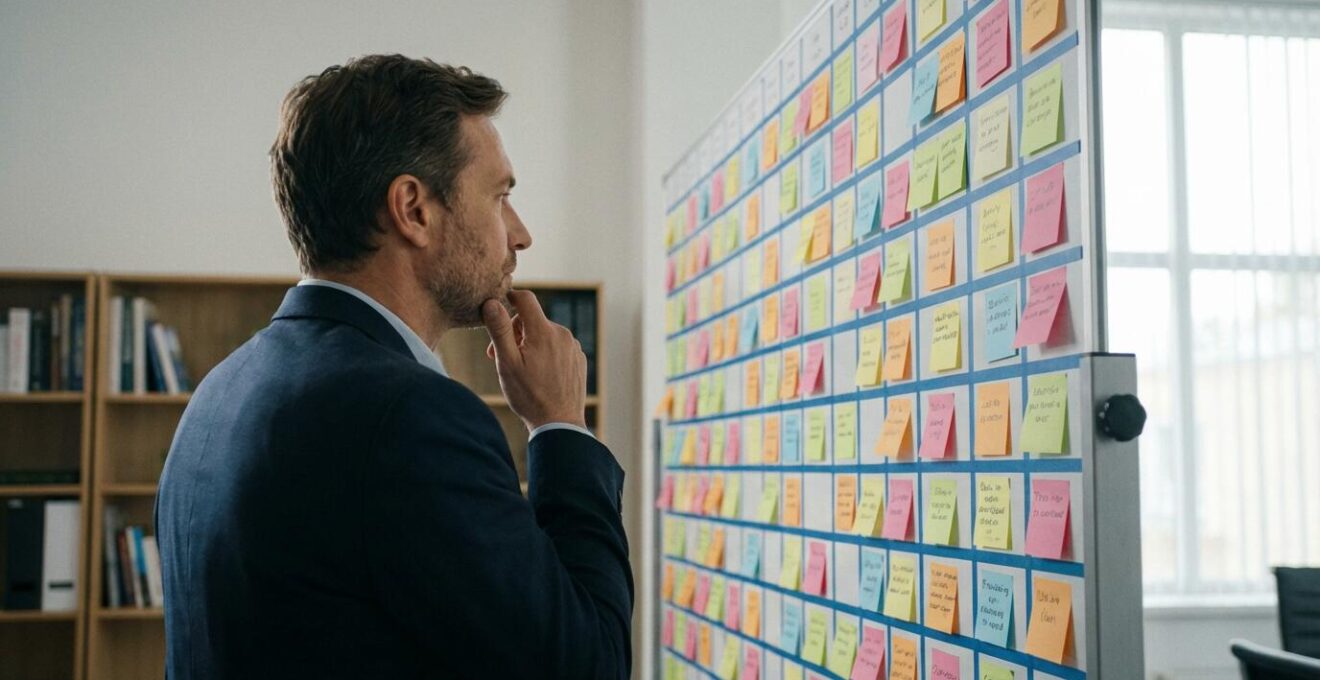 Gérant debout devant un tableau de planification avec de nombreux post-its