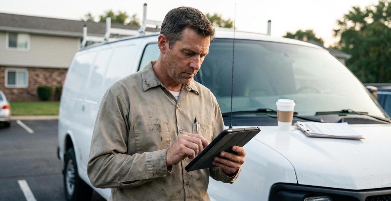 Technicien anti-nuisibles consultant sa tablette près de son véhicule utilitaire