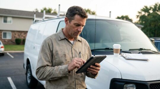 Technicien anti-nuisibles consultant sa tablette près de son véhicule utilitaire