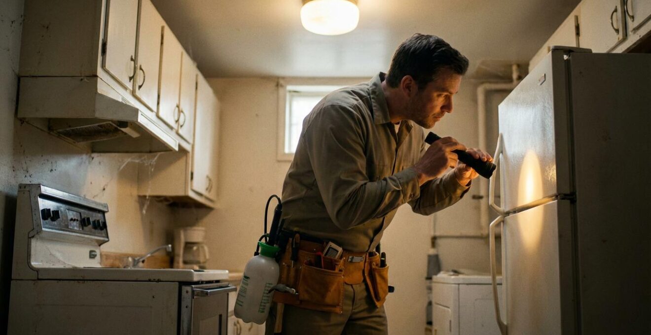 Technicien anti-nuisibles inspectant une zone avec sa lampe torche