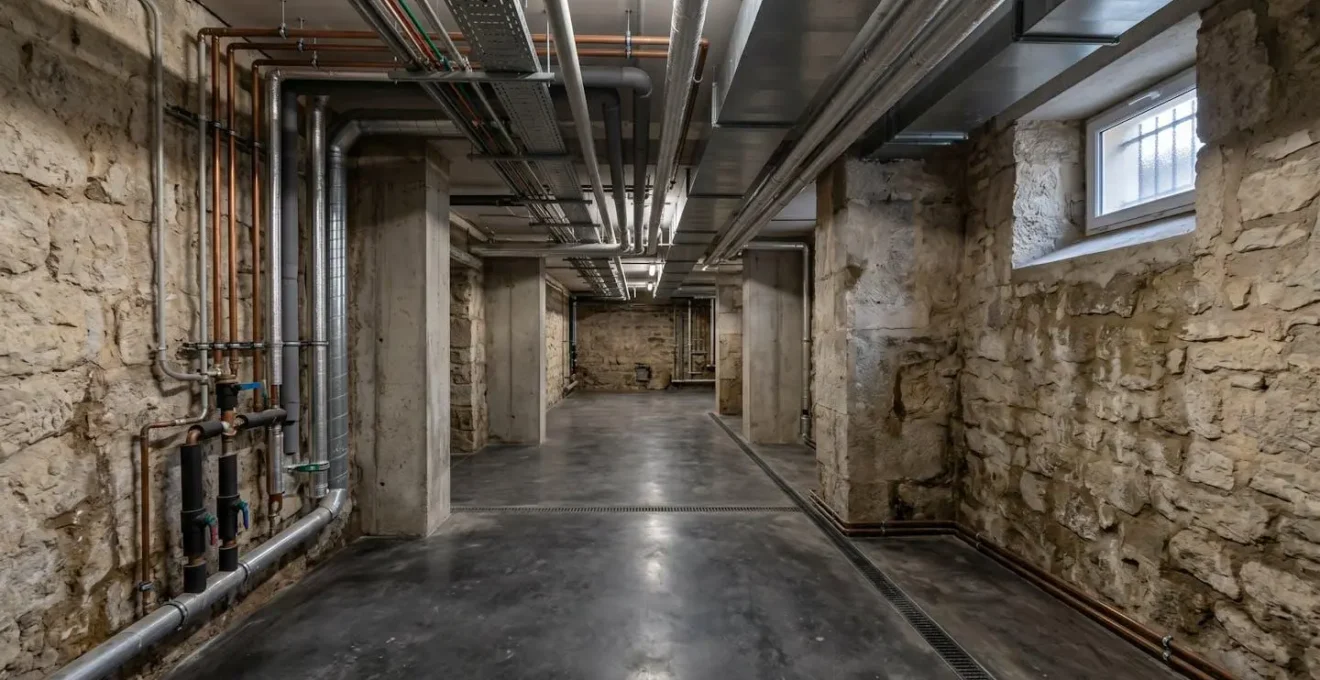Cave de copropriété urbaine aux murs en pierre apparente avec tuyauterie visible et zone sombre propice aux rongeurs