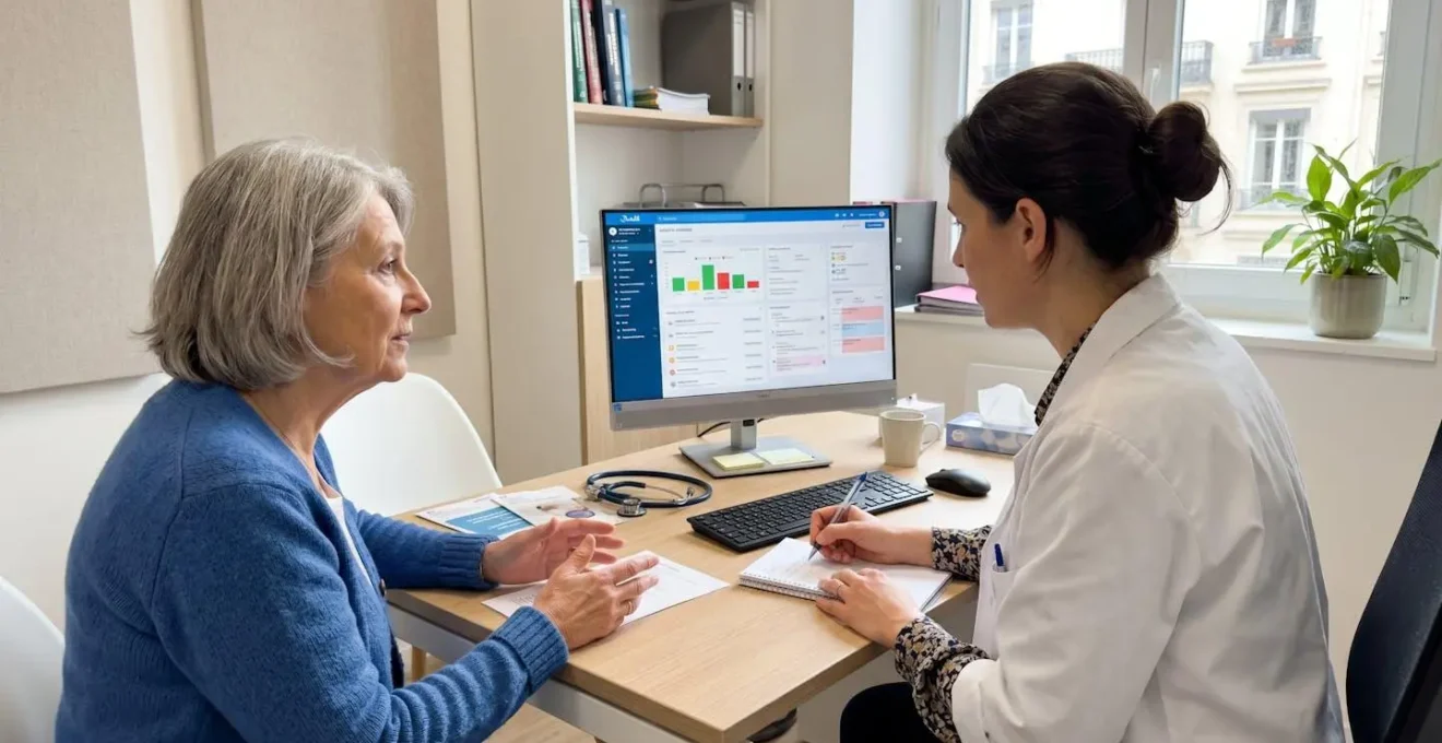 Consultation médicale dans un cabinet moderne, médecin en blouse blanche vu de dos prenant des notes, patient de profil avec visage hors champ