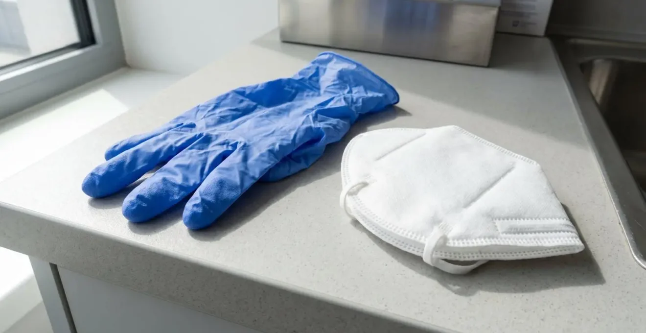 Gros plan sur des gants de protection en nitrile et un masque FFP2 posés sur une surface moderne et épurée