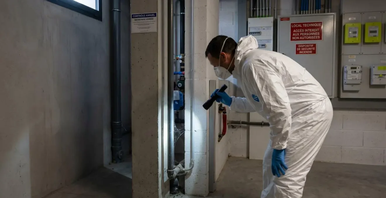 Technicien en dératisation vu de dos, équipé d'une combinaison de protection complète, de gants et d'un masque FFP2, inspectant une cave sombre avec une lampe torche